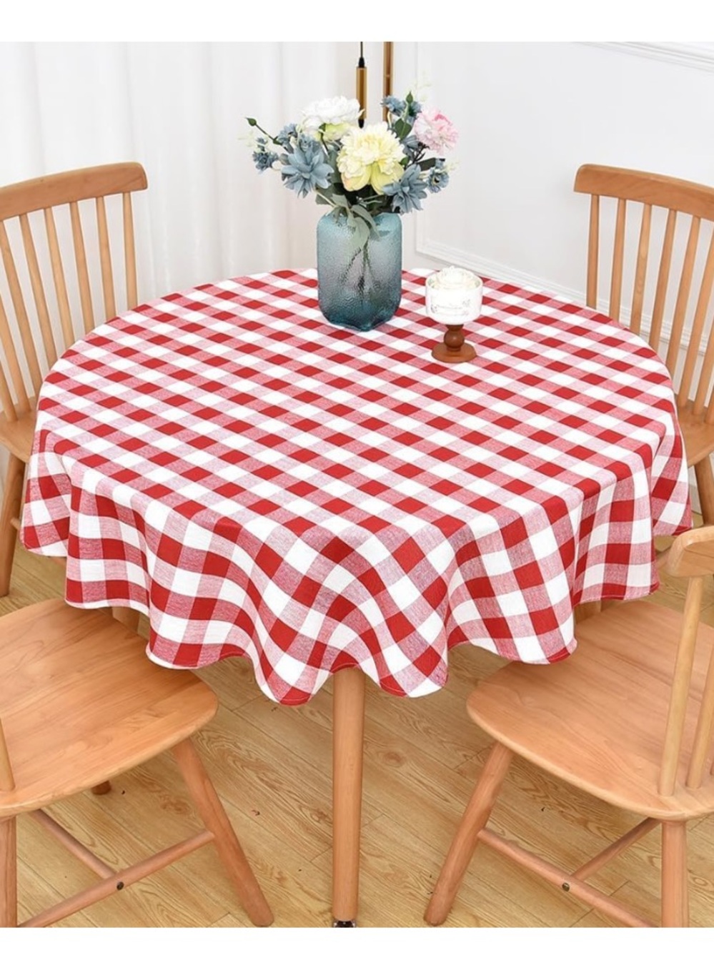 Gingham Checkered Tablecloth Heavy-Duty Cotton Blend 60” ROUND - RED WHITE